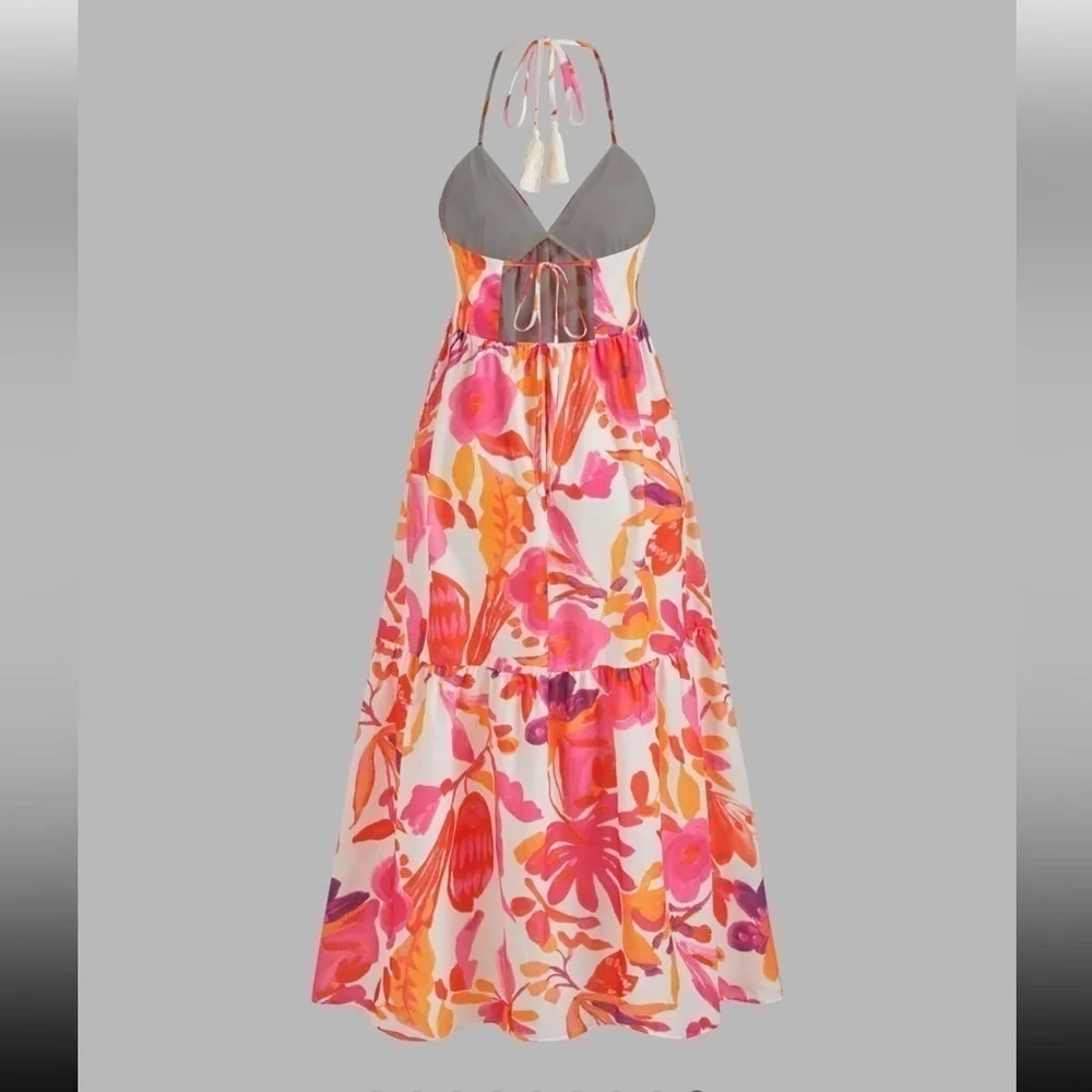 New ZARA Long Multicolored Print Midi Dress